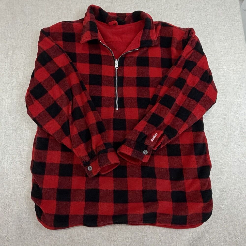 Vintage 90s Marlboro Unlimited Reversible Fleece Pullover Buffalo Plaid Red